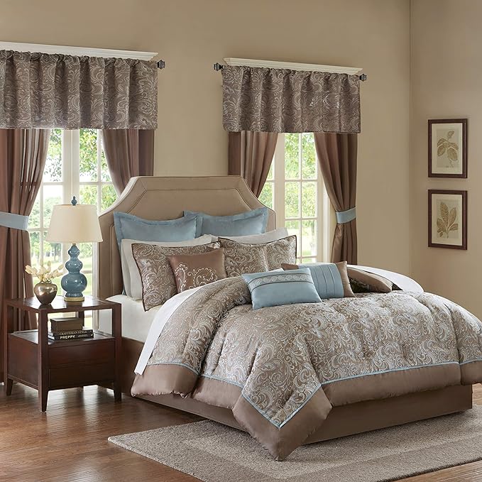 Madison Park Essentials Brystol 24 Piece Room in a Bag Faux Silk Comforter Jacquard Paisley Design Matching Curtains Down Alternative Hypoallergenic All Season Bedding-Set, King (104 in x 92 in), Blue - LeafyLoom