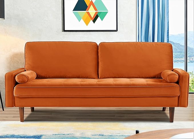 US Pride Furniture Velvet 70" Sofa Couch, Iconic Mid-Century Style Living Room Furniture with Contemporary Silhouette, Button Tufting and Wood Legs, includes 2 Bolster Pillows, Orange - LeafyLoom