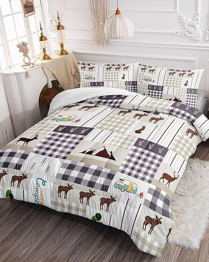 Datura home Happy Camper Comforter Set Rustic Lodge and Camper Deer Printed Quilt Bedding Set with 1 Comforter and 2 Pillowcases for Boys and Girls Bedroom All Season(Camper Full) - LeafyLoom