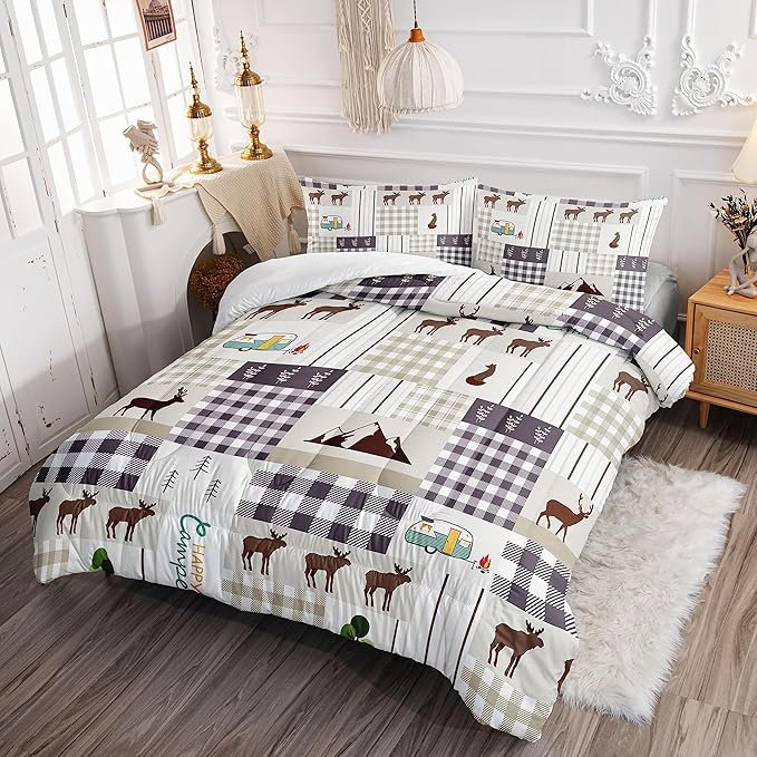 Datura home Happy Camper Comforter Set Rustic Lodge and Camper Deer Printed Quilt Bedding Set with 1 Comforter and 2 Pillowcases for Boys and Girls Bedroom All Season(Camper Full) - LeafyLoom