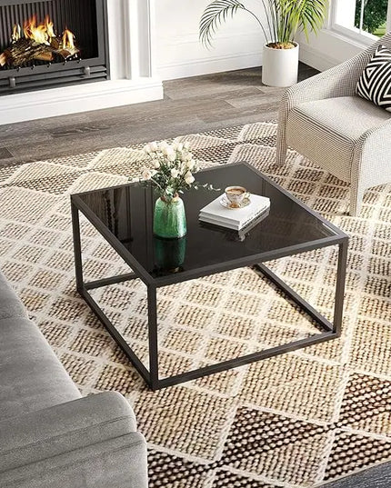 SAYGOER Black Glass Coffee Table Small Modern Coffee Tables 26.7in Square Tempered Glass-Top Accent Center Table for Living Room Home Office with Black Metal Frame Easy Assembly - LeafyLoom