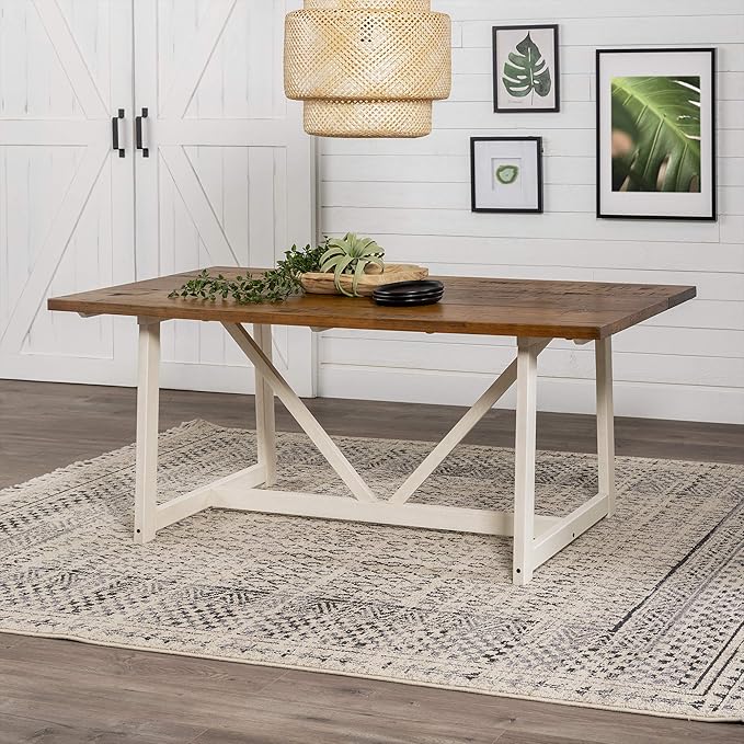Walker Edison Modern Farmhouse Dining Table Wood Small Dining Room Table Sets Dining Chairs. 72 Inch. White and Rustic Oak - LeafyLoom