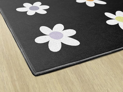 Flagship Carpets Schoolgirl Style Daisies on Black Criss-Cross Applesauce Educational Area Rug for Kids Room, Children's Classroom, Play Carpet for Teaching and Playroom, 7'6" x 12', Seats 32 - LeafyLoom