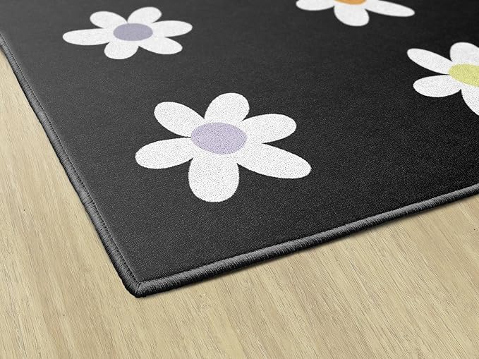 Flagship Carpets Schoolgirl Style Daisies on Black Criss-Cross Applesauce Educational Area Rug for Kids Room, Children's Classroom, Play Carpet for Teaching and Playroom, 7'6" x 12', Seats 32 - LeafyLoom