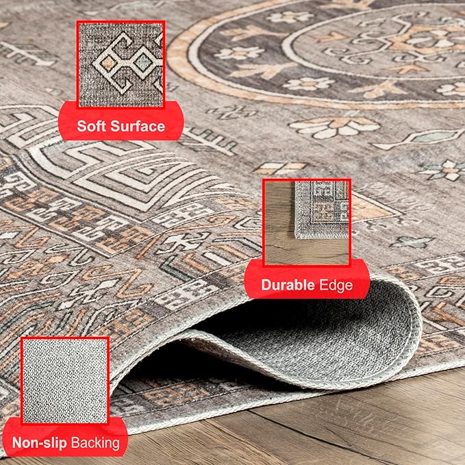 nuLOOM Tama Circle Medallion Machine Washable Ultra Thin Area Rug, 8' x 10', Brown - LeafyLoom