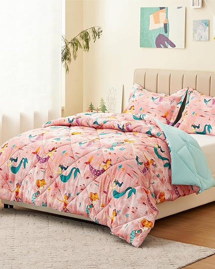 Twin Mermaid Bedding Sets for Girls, 3 Pieces Kids Queen Comforter Sets, Super Soft Lightweight for All Seasons, Includes 1 Comforter (88"x88") and 2 Pillowcase (20"x26"+2") - LeafyLoom