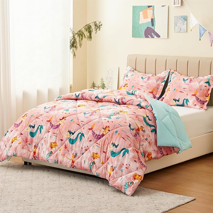 Twin Mermaid Bedding Sets for Girls, 3 Pieces Kids Queen Comforter Sets, Super Soft Lightweight for All Seasons, Includes 1 Comforter (88"x88") and 2 Pillowcase (20"x26"+2") - LeafyLoom