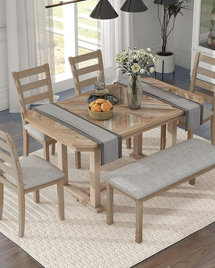 Merax 6-Piece Rubber Dining Table Set with 4 Cushioned Chairs and Bench, Beautiful Grain Pattern Tabletop, Natural Wood Wash - LeafyLoom