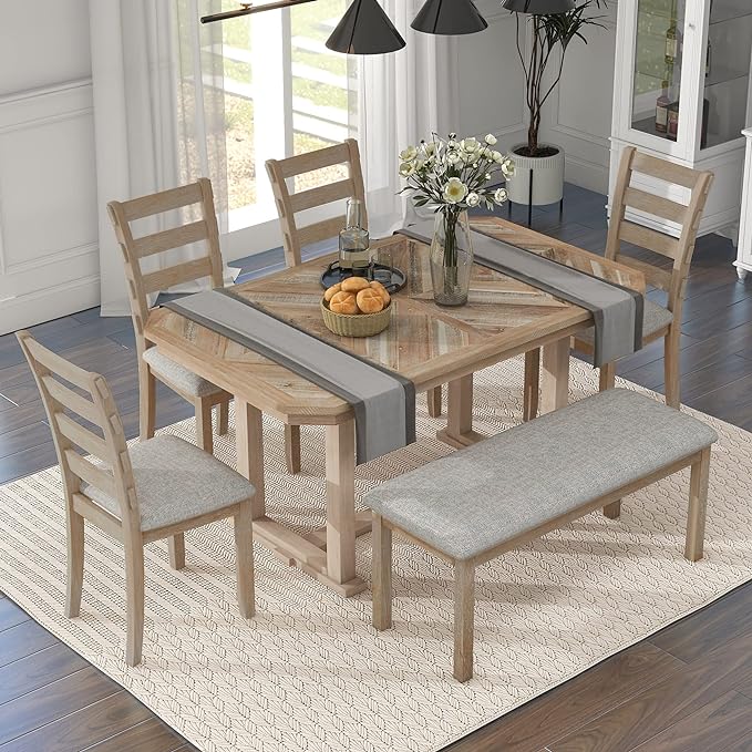 Merax 6-Piece Rubber Dining Table Set with 4 Cushioned Chairs and Bench, Beautiful Grain Pattern Tabletop, Natural Wood Wash - LeafyLoom