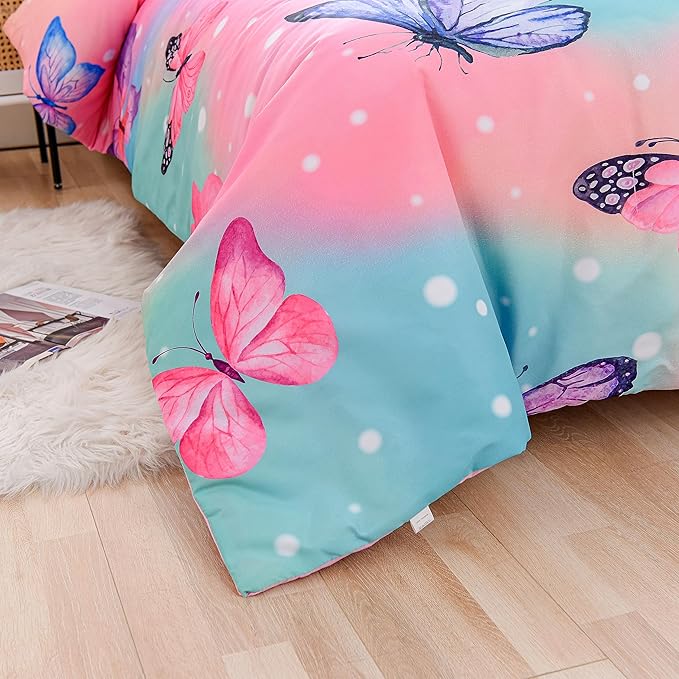 Btargot 3 Piece Butterfly Pattern Girls Comforter Set with 2 Pillow Covers, Gradient Line Rainbow Printed Bedding Set for Women, Queen Multi Color - LeafyLoom