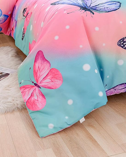 Btargot 3 Piece Butterfly Pattern Girls Comforter Set with 2 Pillow Covers, Gradient Line Rainbow Printed Bedding Set for Women, Full Multi Color - LeafyLoom