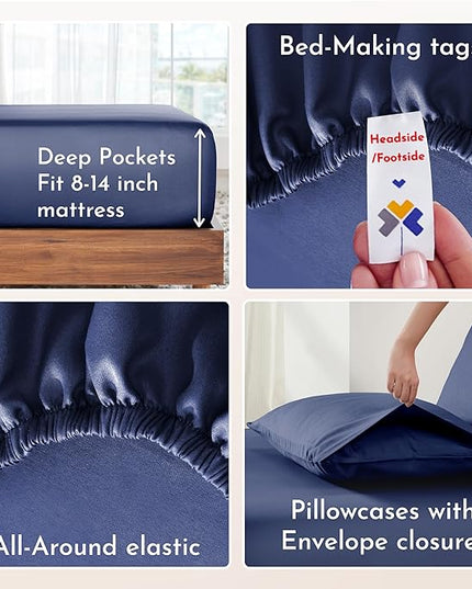 California Design Den Soft 100% Cotton Bedsheets Queen Size Bed, 4 Piece Queen Sheet Set with Sateen Weave, Cooling Sheets - Navy Blue - LeafyLoom