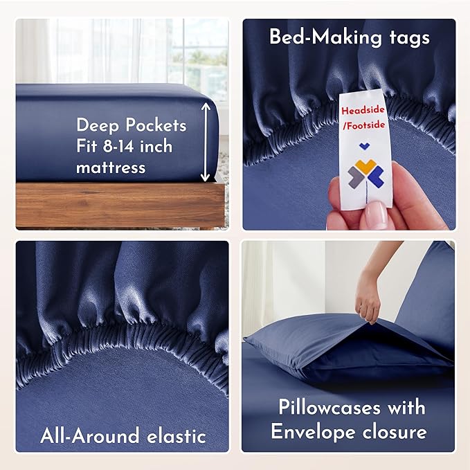 California Design Den Soft 100% Cotton Bedsheets Queen Size Bed, 4 Piece Queen Sheet Set with Sateen Weave, Cooling Sheets - Navy Blue - LeafyLoom
