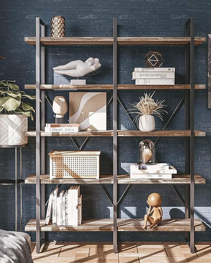 IRONCK Bookshelf, Double Wide 5-Tier Open Bookcase Vintage Industrial Large Shelves, Wood and Metal Etagere Bookshelves, for Home Decor Display, Office Furniture, 13D x 53.1W x 70H in - LeafyLoom