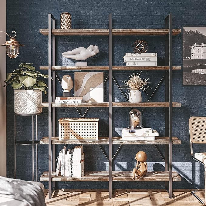 IRONCK Bookshelf, Double Wide 5-Tier Open Bookcase Vintage Industrial Large Shelves, Wood and Metal Etagere Bookshelves, for Home Decor Display, Office Furniture, 13D x 53.1W x 70H in - LeafyLoom