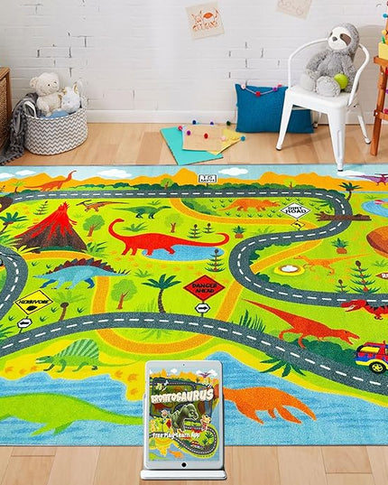 KC Cubs Playtime Collection Dinosaur Dino Safari Road Map Educational Learning & Game Area Rug Carpet for Kids and Children Bedrooms and Playroom (8'2" x 9'10") - LeafyLoom