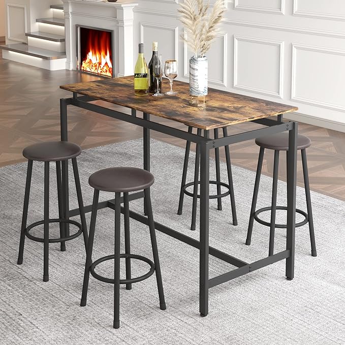 NicBex Dining Table Set for 4 Kitchen Table and Chairs 5-Piece Kitchen Counter Height Table Set, Bar Table with 4 Stools for Small Space and Apartment, MDF Wood Board, Brown - LeafyLoom