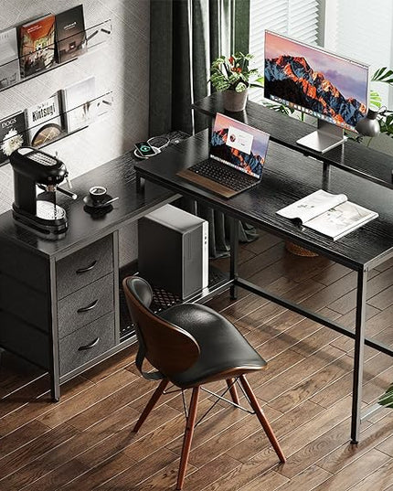Reversible L Shaped Computer Desk with Drawers, Gaming Desk with LED Lights and Power Outlets, Office Desk with Storage Shelves, for Home & Office, Black - LeafyLoom