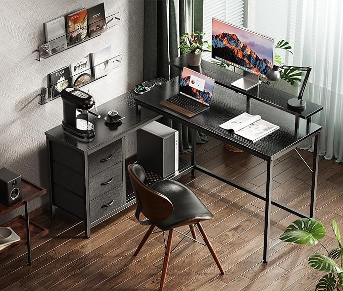 Reversible L Shaped Computer Desk with Drawers, Gaming Desk with LED Lights and Power Outlets, Office Desk with Storage Shelves, for Home & Office, Black - LeafyLoom