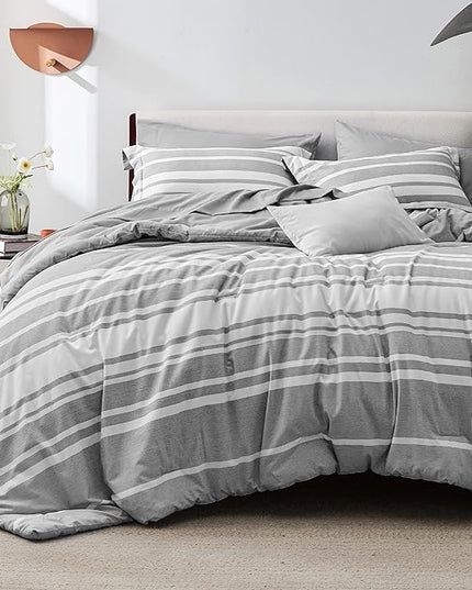 Bedsure Queen Comforter Set 7 Pieces, Grey White Striped Comforter for Queen Size Bed Reversible, Cationic Dyeing Bed in a Bag with Comforter, Sheets, Pillowcases & Shams - LeafyLoom