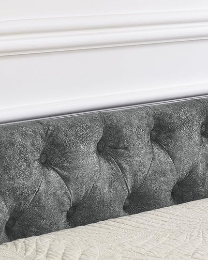 Queen Size Upholstered Daybed with Two Storage Trundle Drawers, Wooden Sofa Bed w/Button Tufted Backrest and Waved Shape Arms, No Box Spring Needed, for Living Room, Bedroom, Dorm, Grey - LeafyLoom