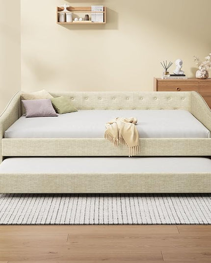 Full Size Upholstered Daybed with Twin Size Trundle,Wood Sofa Bed Frame W/Button Tufted Back and Nailhead Decorated Waved Shape Arms,Slat Support,for Bedroom,Living Room,Apartment,Beige - LeafyLoom