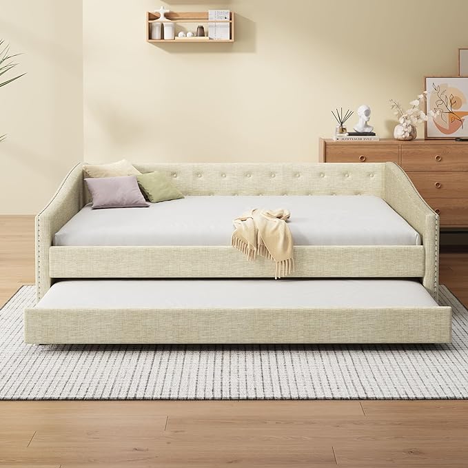 Full Size Upholstered Daybed with Twin Size Trundle,Wood Sofa Bed Frame W/Button Tufted Back and Nailhead Decorated Waved Shape Arms,Slat Support,for Bedroom,Living Room,Apartment,Beige - LeafyLoom
