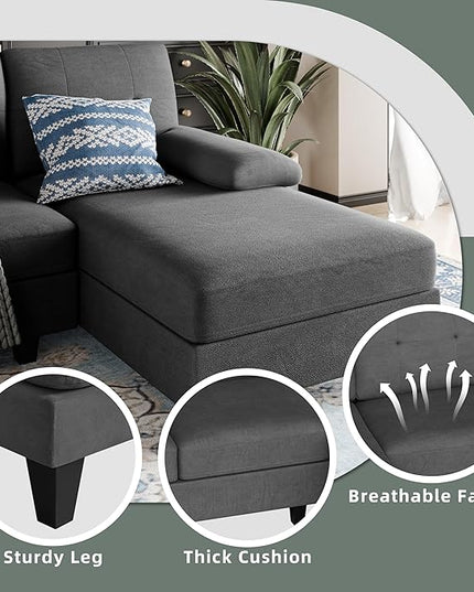 Shintenchi Sectional Couches for Living Room, U Shaped Sofa Couch with Double Chaise, 4-Seat Living Room Furniture Sets with Soft Cushion & Linen Fabric, Black - LeafyLoom