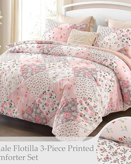 Whale Flotilla Queen Full Comforter Set, Soft Reversible Pink Bedding Comforter Set with Boho Pattern, 1 Micoriber Patchwork Comforter and 2 Pillow Shams, 3 Pieces - LeafyLoom