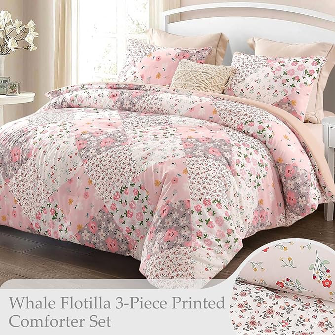 Whale Flotilla Queen Full Comforter Set, Soft Reversible Pink Bedding Comforter Set with Boho Pattern, 1 Micoriber Patchwork Comforter and 2 Pillow Shams, 3 Pieces - LeafyLoom