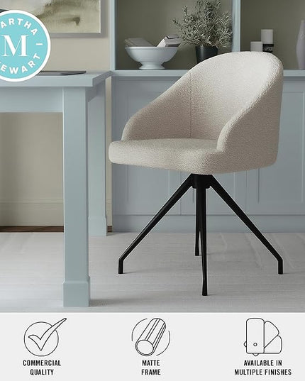 Martha Stewart Sora Stationary Swivel Task Chair with Sloped Arms for Home Office in White Boucle with Oil Rubbed Bronze Frame - LeafyLoom