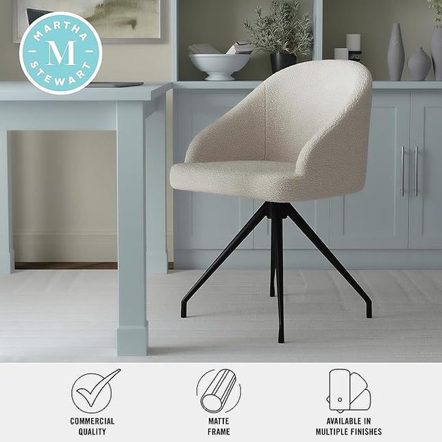 Martha Stewart Sora Stationary Swivel Task Chair with Sloped Arms for Home Office in White Boucle with Oil Rubbed Bronze Frame - LeafyLoom