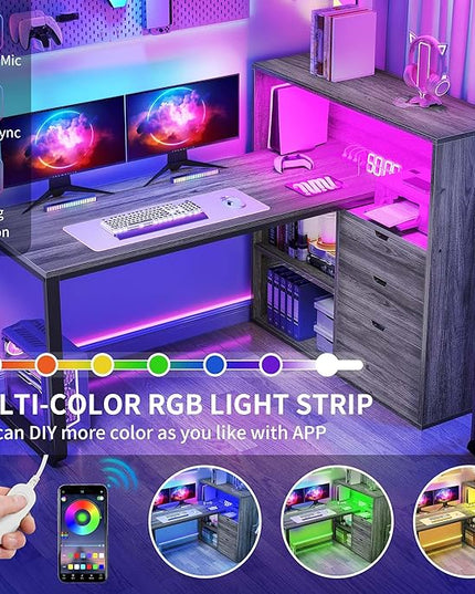 DWVO L Shaped Desk with Drawers, 55" Corner Computer Desk with Bookshelf & Power Outlets & LED Lights, Home Office Desk with Storage Shelves, Grey - LeafyLoom