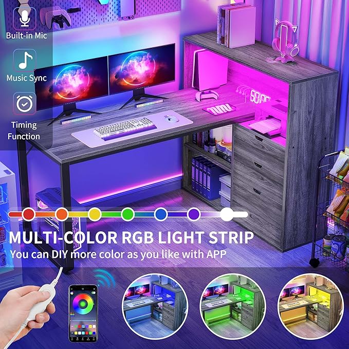 DWVO L Shaped Desk with Drawers, 55" Corner Computer Desk with Bookshelf & Power Outlets & LED Lights, Home Office Desk with Storage Shelves, Grey - LeafyLoom