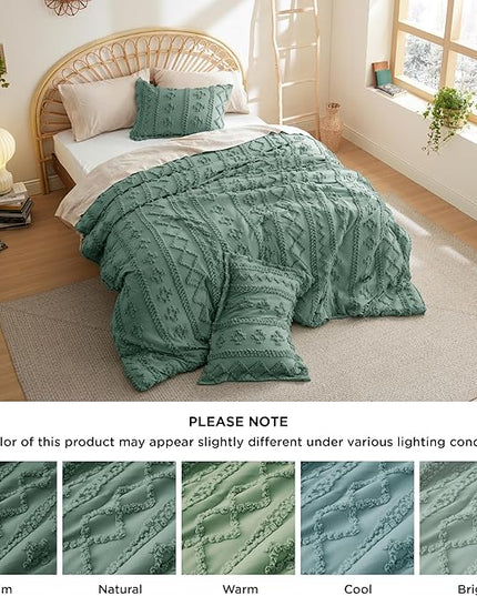Bedsure Twin/Twin XL Comforter Set Dorm Bedding - Green Boho Bedding Comforter Set, 2 Pieces Farmhouse Shabby Chic Embroidery Bed Set, Soft Jacquard Tufted Comforter for College - LeafyLoom