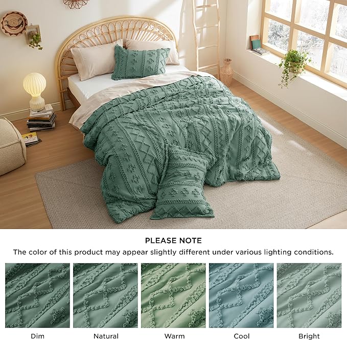 Bedsure Twin/Twin XL Comforter Set Dorm Bedding - Green Boho Bedding Comforter Set, 2 Pieces Farmhouse Shabby Chic Embroidery Bed Set, Soft Jacquard Tufted Comforter for College - LeafyLoom