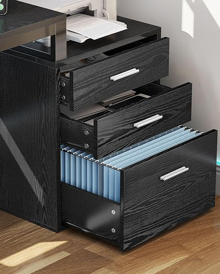 YITAHOME L Shaped Desk with 3 Drawers, 65" Corner Computer Desk with Power Outlets & LED Lights, L-Shaped Desk with File Cabinet & Printer Stand for Home Office, Black - LeafyLoom