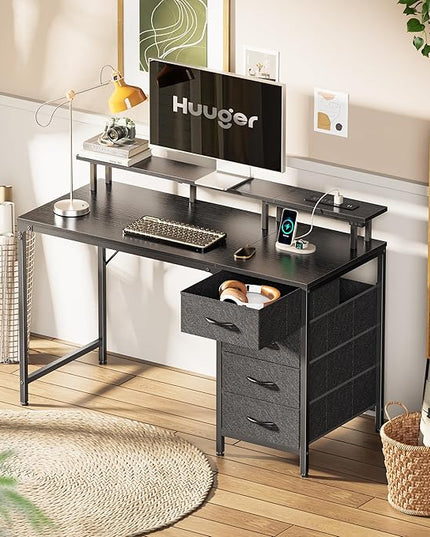 47 Inch Computer Desk with Power Outlets and LED Lights, Gaming Desk with 4 Drawers, Office Desk with Monitor Stand, Study Desk Work Desk for Home Office, Small Spaces, Black - LeafyLoom