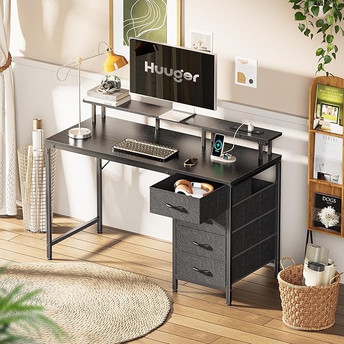 47 Inch Computer Desk with Power Outlets and LED Lights, Gaming Desk with 4 Drawers, Office Desk with Monitor Stand, Study Desk Work Desk for Home Office, Small Spaces, Black - LeafyLoom