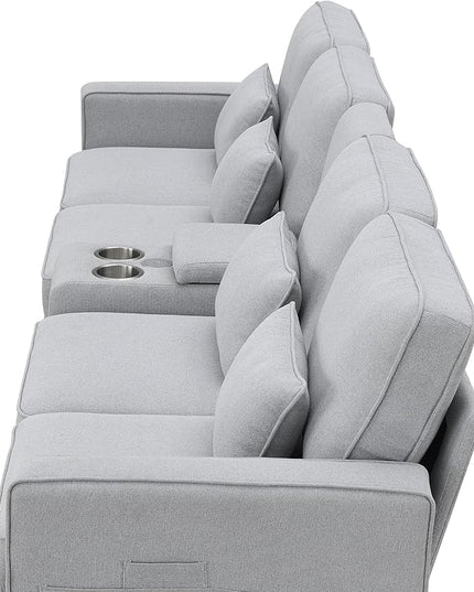 114" Modern Sofa, 4-seat Couch with Console, 2 Cupholders and 2 USB Ports Wired or Wirelessly Charged and 4 Pillows for Living Room, Apartment, 114.2inch, Light Gray - LeafyLoom