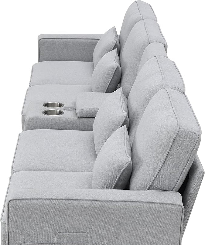 114" Modern Sofa, 4-seat Couch with Console, 2 Cupholders and 2 USB Ports Wired or Wirelessly Charged and 4 Pillows for Living Room, Apartment, 114.2inch, Light Gray - LeafyLoom
