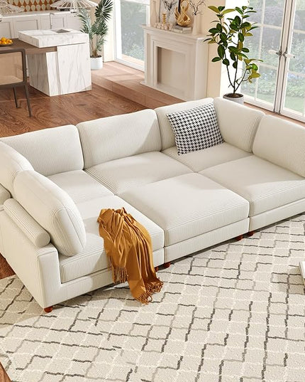 Free Combination Convertible Modular Sectional Sofa with Movable Ottomans , 163'' Oversized Corduroy Upholstered Sleeper Corner Couch Sofabed with Wooden Legs and Detachable Cushions for Living Room - LeafyLoom