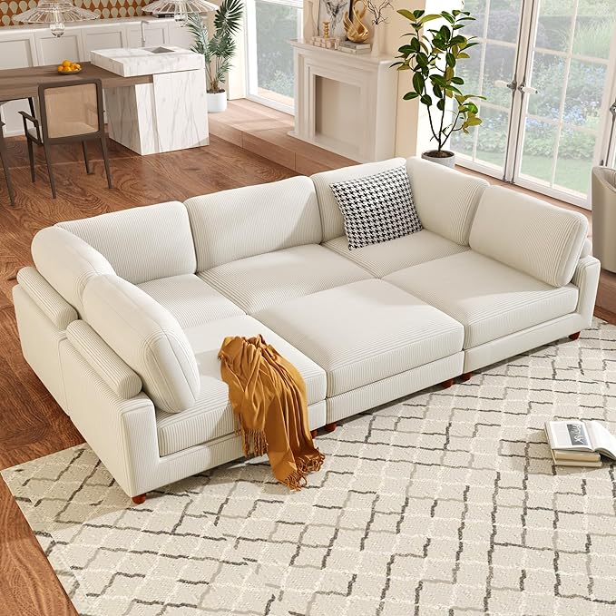 Free Combination Convertible Modular Sectional Sofa with Movable Ottomans , 163'' Oversized Corduroy Upholstered Sleeper Corner Couch Sofabed with Wooden Legs and Detachable Cushions for Living Room - LeafyLoom