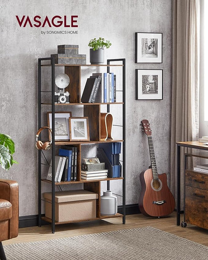 VASAGLE Bookshelf, 5-Tier Bookcase, Storage Shelving Unit, Display Shelf with Open Compartments for Living Room Home Office, Bedroom, Industrial, 11.8" D x 29.1" W x 59.1" H, Rustic Brown + Black - LeafyLoom