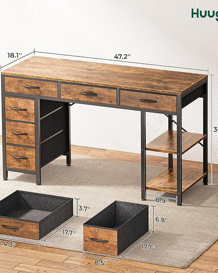 Computer Desk with 6 Drawers, 47 Inch Office Desk with Shelves, Reversible Gaming Desk, Corner Desk with Storage, Work Desk for Home Office, Study, Living Room, Rustic Brown - LeafyLoom