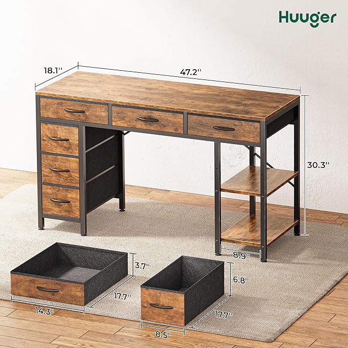 Computer Desk with 6 Drawers, 47 Inch Office Desk with Shelves, Reversible Gaming Desk, Corner Desk with Storage, Work Desk for Home Office, Study, Living Room, Rustic Brown - LeafyLoom