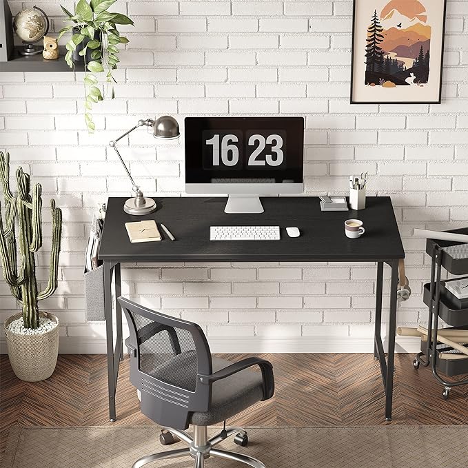CubiCubi Computer Desk 40" Study Writing Table for Home Office, Modern Simple Style PC Desk, Black Metal Frame, Black - LeafyLoom