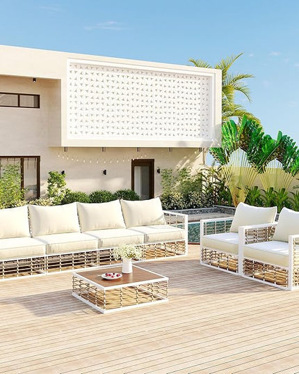 7-Piece Rattan Woven Outdoor Patio Furniture Set, All-Weather Sectional Sofa with Removable Cushions&Coffee Table, Minimalist Style Garden Couch Seating, Onesize, White Frame+Ivory Cushion - LeafyLoom