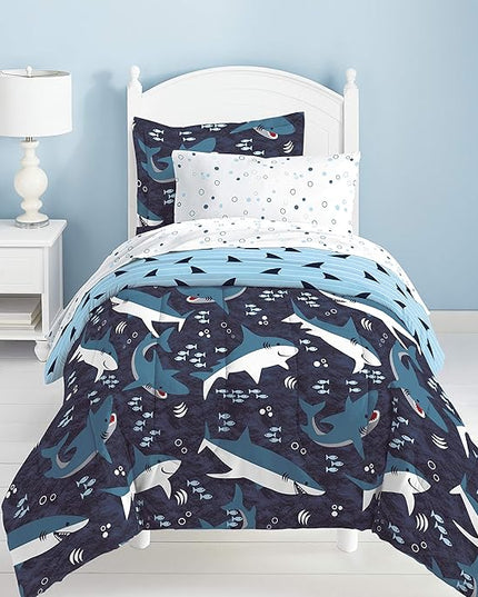dream FACTORY Kids 7-Piece Complete Set Easy-Wash Super Soft Microfiber Comforter Bedding, Full, Blue Sharks - LeafyLoom