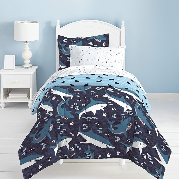 dream FACTORY Kids 7-Piece Complete Set Easy-Wash Super Soft Microfiber Comforter Bedding, Full, Blue Sharks - LeafyLoom